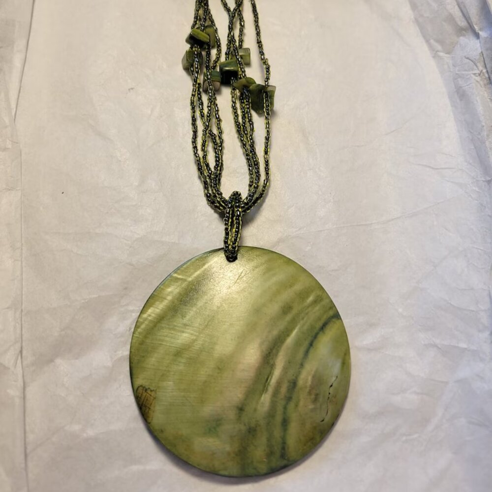 Vintage Green Abalone Pendant Necklace with seed beads